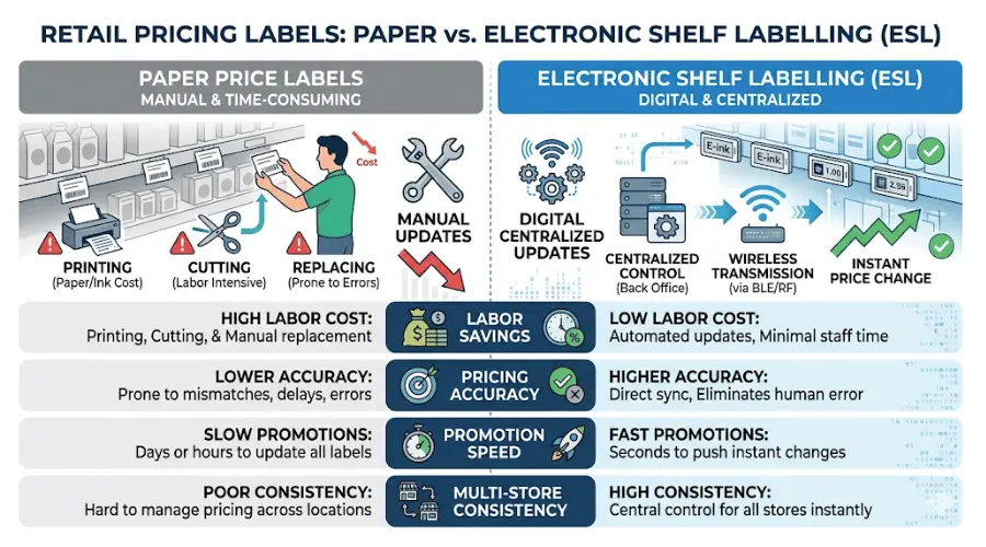 Comparison infographic showing differences between paper price labels and electronic shelf labelling